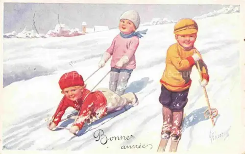 AK / Ansichtskarte FEIERTAG Karl (1874-1944) Kuenstlerkarte Kinder Schlitten Bonne Annee