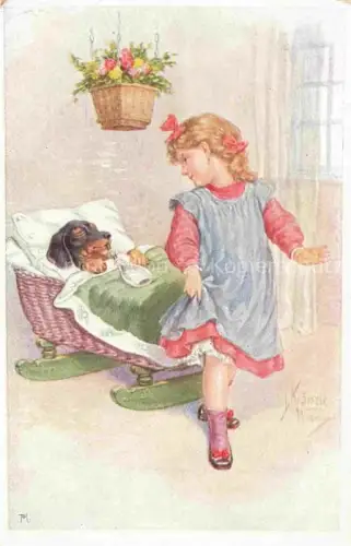AK / Ansichtskarte FEIERTAG Karl (1874-1944) Kuenstlerkarte Dackel Kind Babybett 