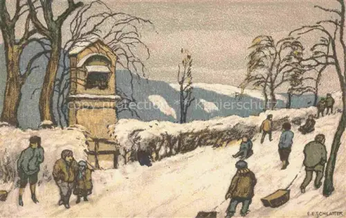 AK / Ansichtskarte Schlatter E.E. Kuenstlerlitho Schweiz Fuer Die Jugend Schlitten fahren kinder