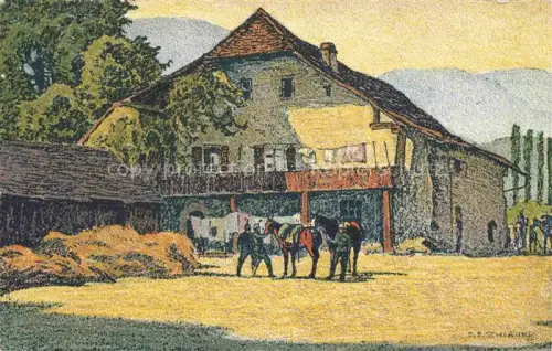 AK / Ansichtskarte Schlatter E.E. Kuenstlerlitho Schweiz Kestenholz Bauernhof Pferde
