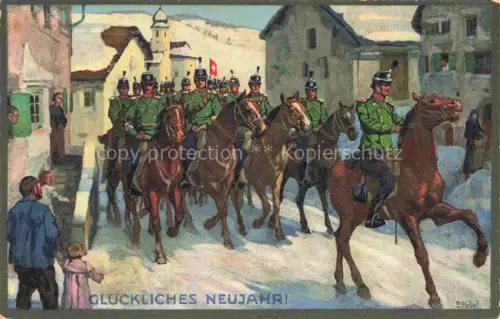 AK / Ansichtskarte HODEL Ernst (1881-1955) Kuenstlerkarte Schweiz Kavallerie im Buendnerdorf Neujahr
