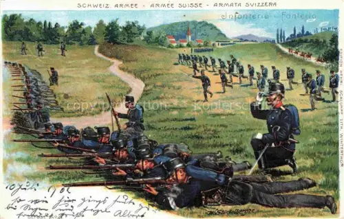 AK / Ansichtskarte STueCKELBERGER Wilhelm (1867-1926) Kuenstlerlitho Schweiz Schweizer Armee Infonterie Litho