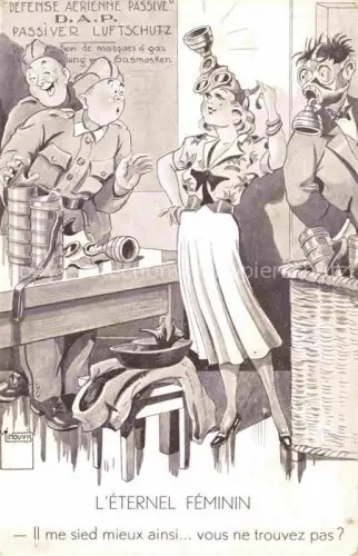 AK / Ansichtskarte Gasmaske Masque Gaz Maschera Antigas Mascara Militaria L Eternel Feminin Grenzbesetzung Schweiz 