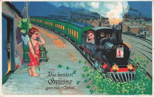 AK / Ansichtskarte Eisenbahn Railway Chemin de Fer Ferrovia-- Neujahrsgruss Kinder Engel 