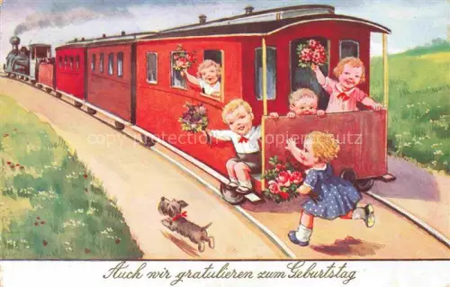 AK / Ansichtskarte Eisenbahn Railway Chemin de Fer Ferrovia-- Kinder Hund Geburtstag Litho
