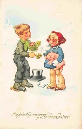 AK / Ansichtskarte Neujahr Annee New Year Kinder Schwein Hut Litho