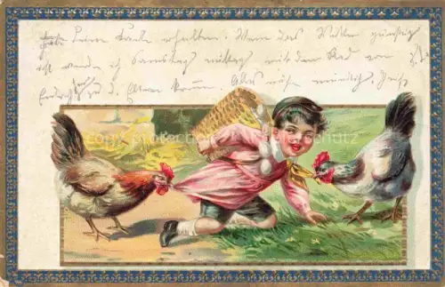 AK / Ansichtskarte Voegel Birds Oiseaux Huehner Kind Eier Koerbchen Litho