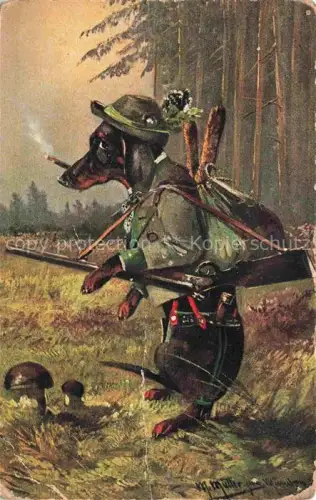 AK / Ansichtskarte Dackel Dachshund Teckel Hunde dogs Chiens Cani Militaria Gewehr Waffe Litho