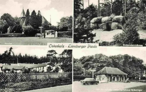AK / Ansichtskarte Ostenholz Osterheide Soltau-Fallingbostel Niedersachsen Kirche Siebensteinhaeuser Schule BP-Tankstelle Geschaeftshaus