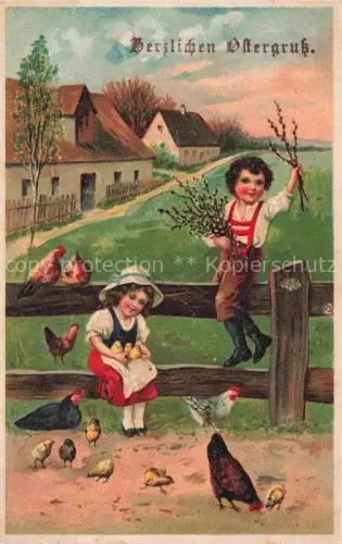 AK / Ansichtskarte Ostern Easter Paques Pasqua-- Kinder Huehner Kueken Litho Bauernhof 