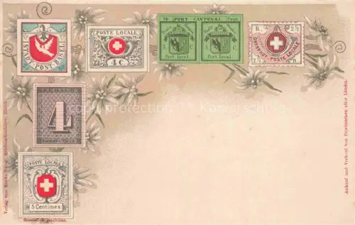 AK / Ansichtskarte Briefmarken auf AK Timbres Postage Francobollo-- Schweiz Basel Zuerich Genf Edelweiss 