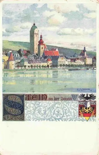 AK / Ansichtskarte Tein Tyn nad Vitavou Blick ueber die Donau zur Stadt Wappen Verlag des Vereines Suedmark Karte Nr. 193 Assmann Kuenstlerkarte
