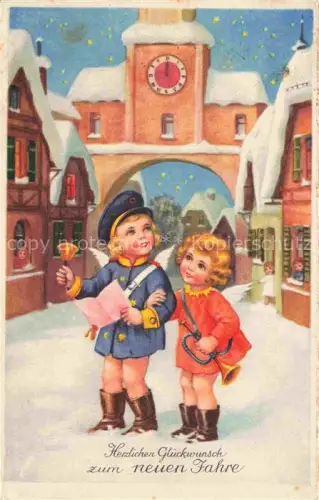 AK / Ansichtskarte Neujahr Annee New Year Kinder Schnee Uhr Litho 
