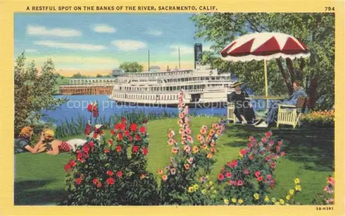 AK / Ansichtskarte Sacramento California USA A restful spot on the banks of the river Illustration Kuenstlerkarte
