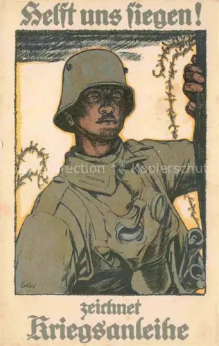 AK / Ansichtskarte Militaria WK1 zeichnet Kriegsanleihe Helft uns Fliegen Soldat