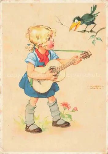 AK / Ansichtskarte Lungers-Hausen Lungershausen Kuenstlerkarte Maedchen Rabe Gitarre Litho