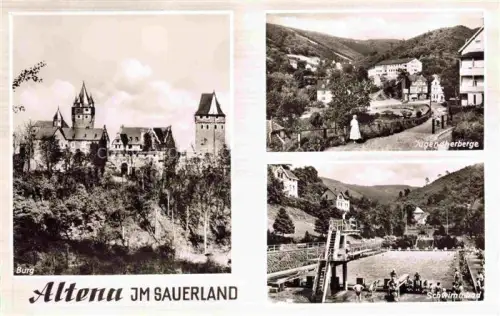 AK / Ansichtskarte Altena Lenne Panorama Burg Jugendherberge Schwimmbad