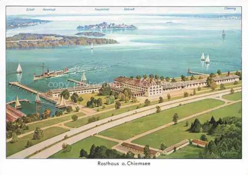 AK / Ansichtskarte Chiemsee Rasthaus am Chiemsee aus der Vogelperspektive Panoramakarte Nr. 334