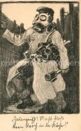 AK / Ansichtskarte Gasmaske Masque Gaz Maschera Antigas Mascara Militaria WK1 Kuenstlerkarte Handgranaten