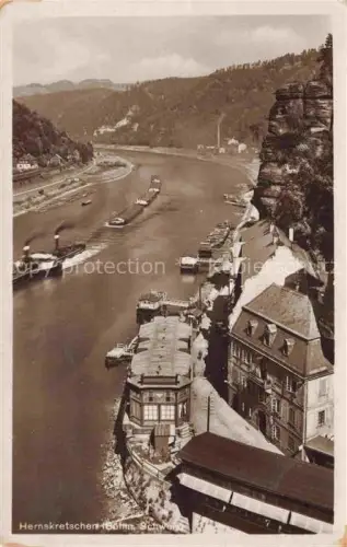 AK / Ansichtskarte Herrnskretschen Boehmen Hrensko CZ Panorama Blick ins Tal Elbe Binnenschiffahrt Nationalpark Boehmische Schweiz