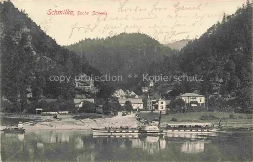 AK / Ansichtskarte Schmilka Blick ueber die Elbe zum Ort Saechsische Schweiz Elbedampfer