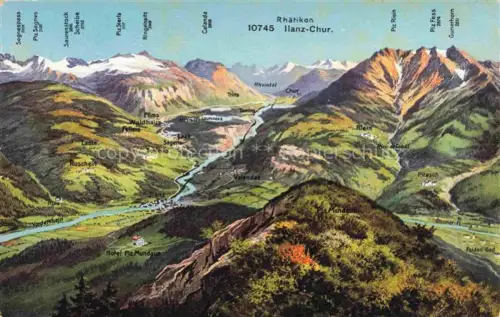 AK / Ansichtskarte Ilanz Jlanz Glion GR Panoramakarte aus Vogelperspektive Alpen Kuenstlerkarte