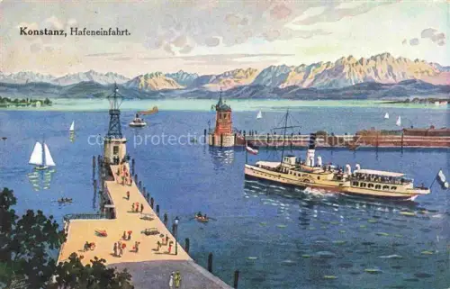 AK / Ansichtskarte KONSTANZ Bodensee BW Hafeneinfahrt Dampfer Schweizer Alpen Kuenstlerkarte