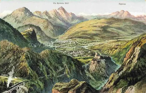 AK / Ansichtskarte Thusis GR Panorama Albulabahn Alpenpanorama Blick gegen Piz Beverein Signina Kuenstlerkarte