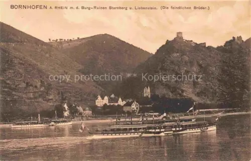AK / Ansichtskarte Bornhofen Kamp Rhein Rheinland-Pfalz Burgruinen Sternberg und Liebenstein Rheindampfer