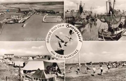 AK / Ansichtskarte Bensersiel Esens Hafen Fischkutter Luftaufnahme Campingplatz Kinderspielplatz Moewen