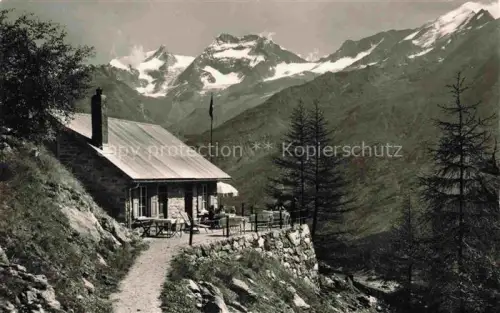 AK / Ansichtskarte Saas-Fee VISP VS Café Gletschergrotte Blick gegen Fletschhorn Laquinhorn Weissmies Walliser Alpen