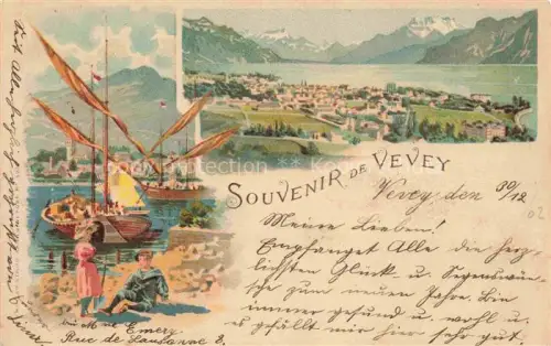 AK / Ansichtskarte VEVEY VD Panorama Blick ueber den Genfersee Dents du Midi Segelboote