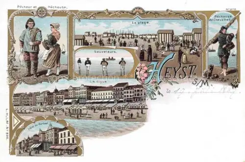 AK / Ansichtskarte Heyst-aan Zee Heyst-sur-Mer Knokke-Heist Belgie Pêcheurs Plage Sauveleurs La Digue Hôtel du Kursaal Litho