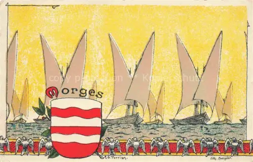 AK / Ansichtskarte MORGES VD Segelboote Moewen Wappen Kuenstlerkarte