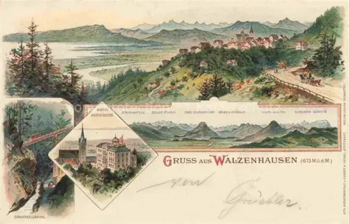 AK / Ansichtskarte Walzenhausen Appenzell AR Panorama Alpen Hotel Rheinburg Schlucht Drahtseilbahn Litho