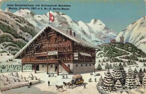 AK / Ansichtskarte Maloja GR Hotel Schweizerhaus und Schlosshotel Belvédère Winterpanorama Alpen Kuenstlerkarte