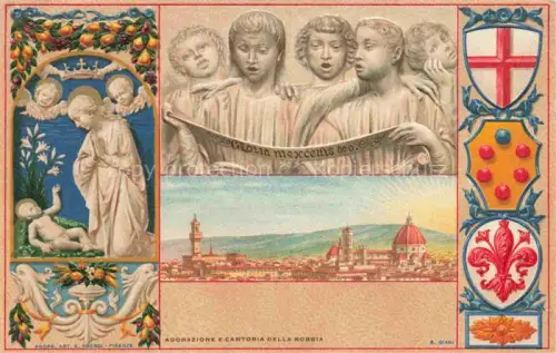 AK / Ansichtskarte FIRENZE Florence Florenz Toscana IT Stadtpanorama Heiligenbilder Statuen Wappen Kuenstlerkarte