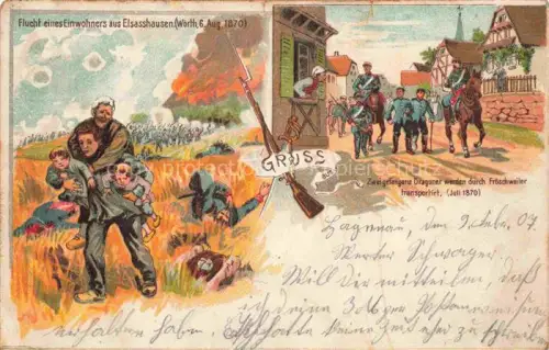 AK / Ansichtskarte Elsasshausen Froeschwiller Wissembourg 67 Bas-Rhin Flucht eines Einwohners Gefangene Dragoner Kuenstlerkarte