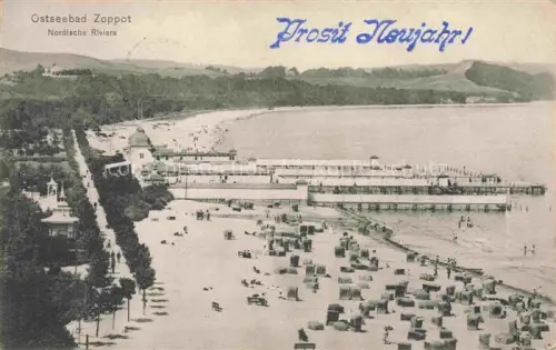 AK / Ansichtskarte Zoppot Sopot PL Kuestenpanorama Nordische Riviera Strand Lazarett-Stempel