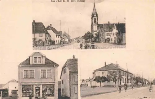AK / Ansichtskarte Sausheim Mulhouse 68 Haut-Rhin Teilansichten Kirche Ladengeschaeft