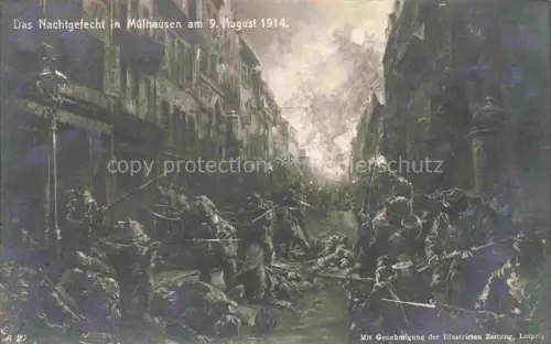AK / Ansichtskarte Muelhausen Elsass Das Nachtgefecht am 9. August 1914 1. Weltkrieg Feldpost Kuenstlerkarte