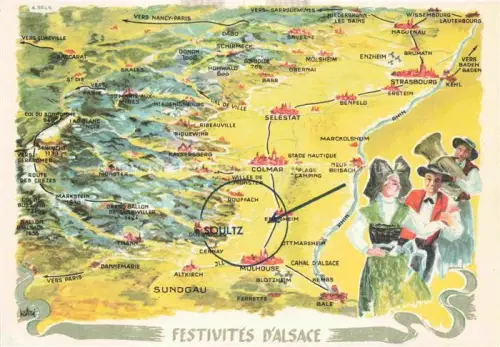 AK / Ansichtskarte Soultz Elsass Sulz Guebwiller 68 Haut-Rhin Festivités d'Alsace Landkarte Kuenstlerkarte Hôtel Restaurant Aux Deux Clefs