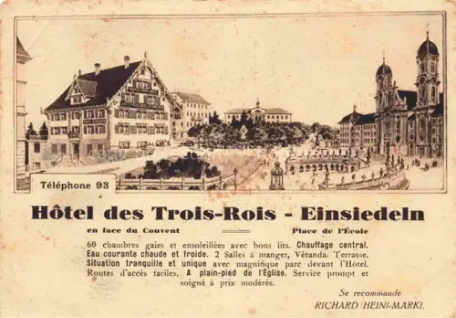AK / Ansichtskarte EINSIEDELN  SZ Hôtel des Trois Rois en face du couvent Place de l'Ecole Kuenstlerkarte