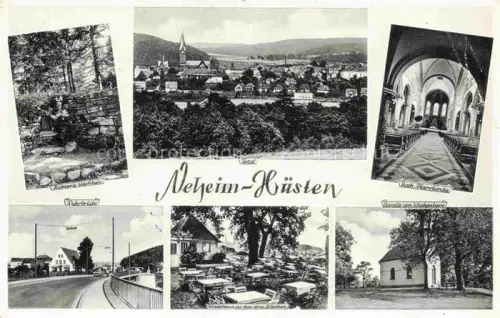 AK / Ansichtskarte Neheim-Huesten Arnsberg NRW Richters Koepfchen Ruhrbruecke Waldhaus zu den drei Baenken Panorama Kath Pfarrkirche Kapelle am Wiehenberg