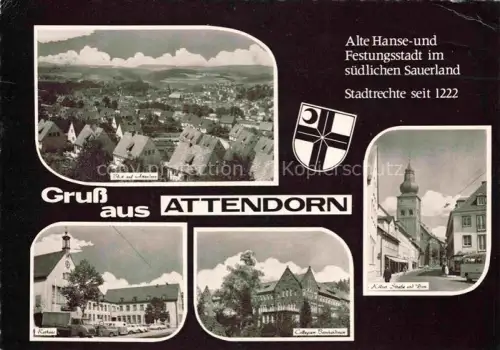 AK / Ansichtskarte Attendorn Panorama Rathaus Kollegium Bernhardinum Koelner Strasse mit Dom