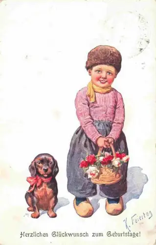 AK / Ansichtskarte FEIERTAG_Karl_(1874 1944)_Kuenstlerkarte Dackel Dachshund Teckel Hunde dogs Chiens Kind Geburtstage Litho 