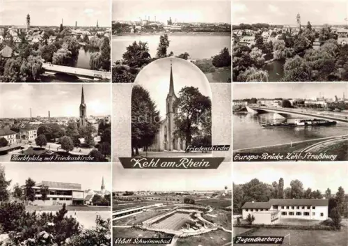 AK / Ansichtskarte Kehl  Rhein Baden BW Panorama Marktplatz Friedenskirche Europa Bruecke Staedt Schwimmbad Jugendherberge