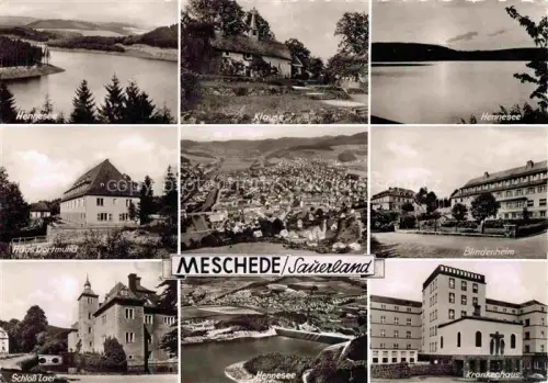 AK / Ansichtskarte Meschede Arnsberg Hochsauerlandkreis NRW Hennesee Klause Haus Dortmund Fliegeraufnahme Blindenheim Schloss Laer Hennesee Krankenhaus