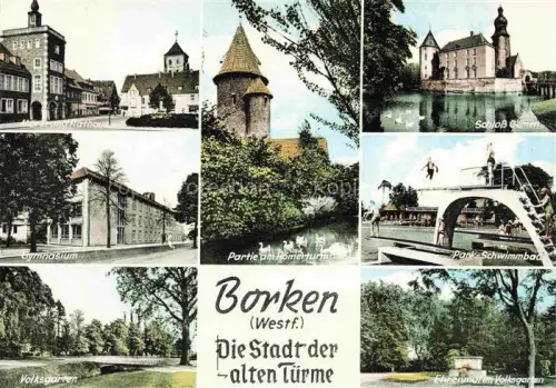AK / Ansichtskarte Borken  Westfalen NRW Altes und neues Rathaus Gymnasium Volksgarten partie beim Roemerturm Schloss Gemen Park Schwimmbad Ehrenmal im Volksgarten