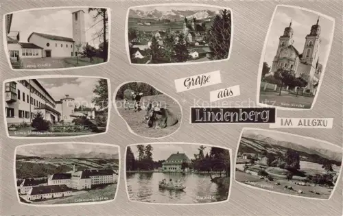 AK / Ansichtskarte Lindenberg Allgaeu Ev Kirche Eisenbahnerwaisenhort Panorama Weidevieh Waldsee Kath Kirche Campingplatz
